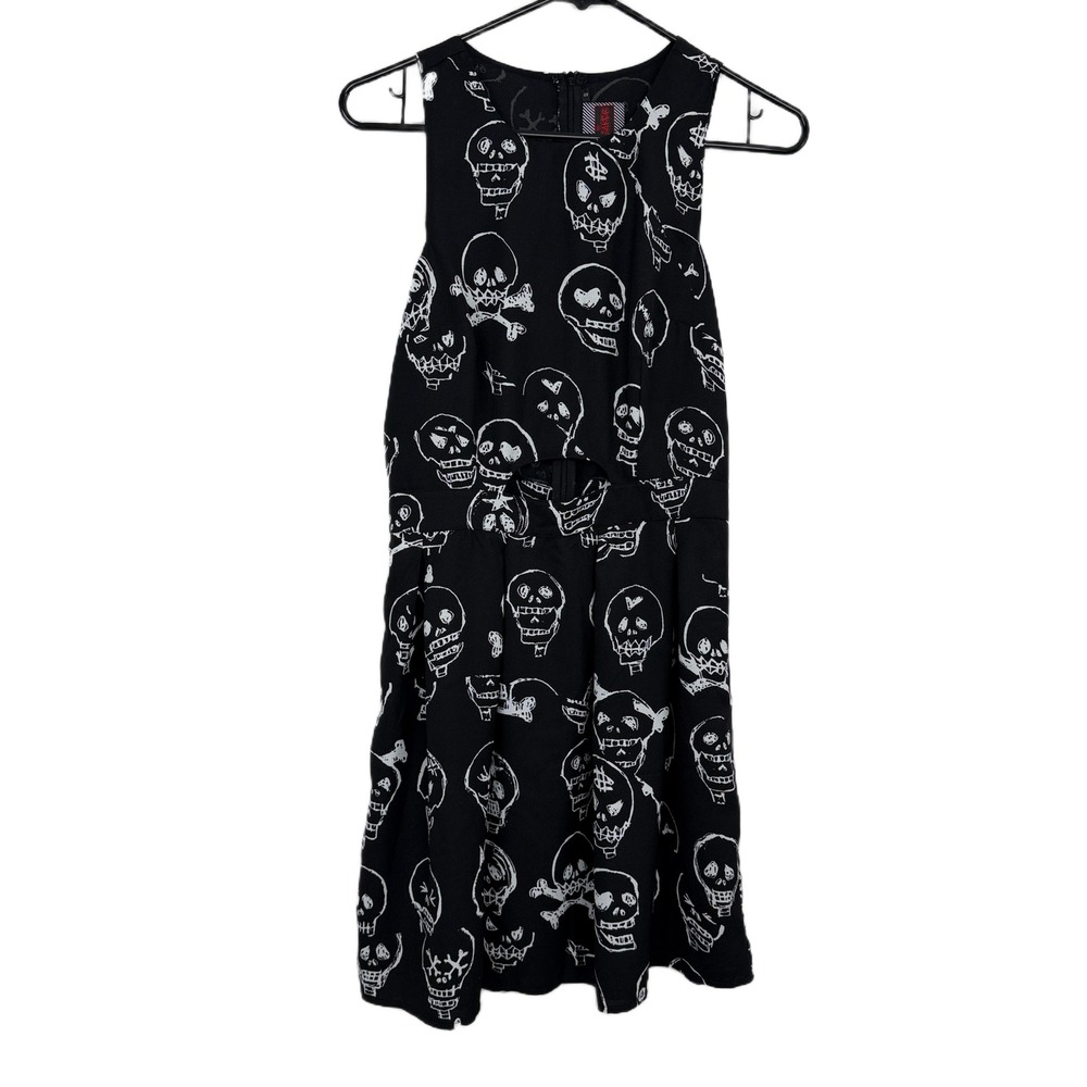 Jawbreaker Dress Womens Small Black White Skull Print Cutout Pleated Sleeveless